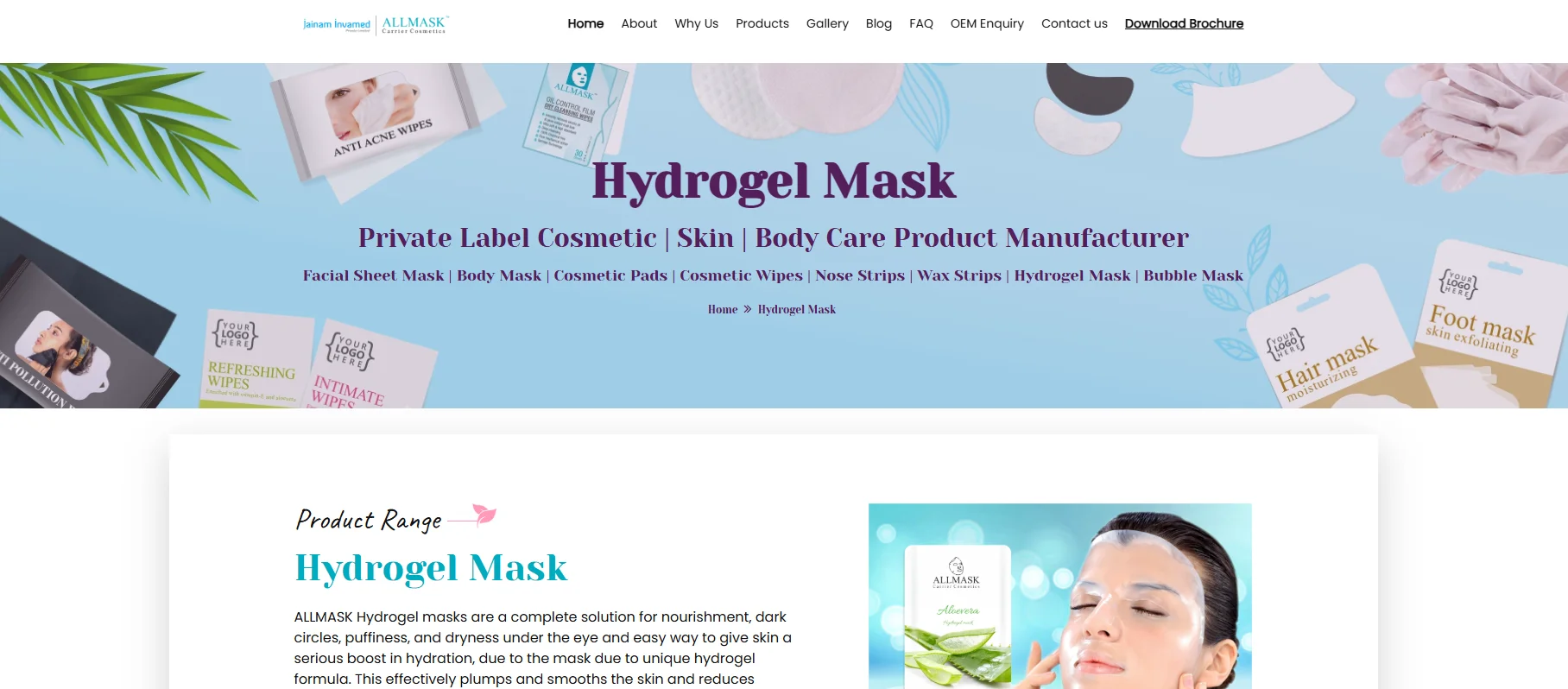 Website banner displaying hydrogel masks and private label skincare products by Allmask, highlighting facial, body, and cosmetic care items.